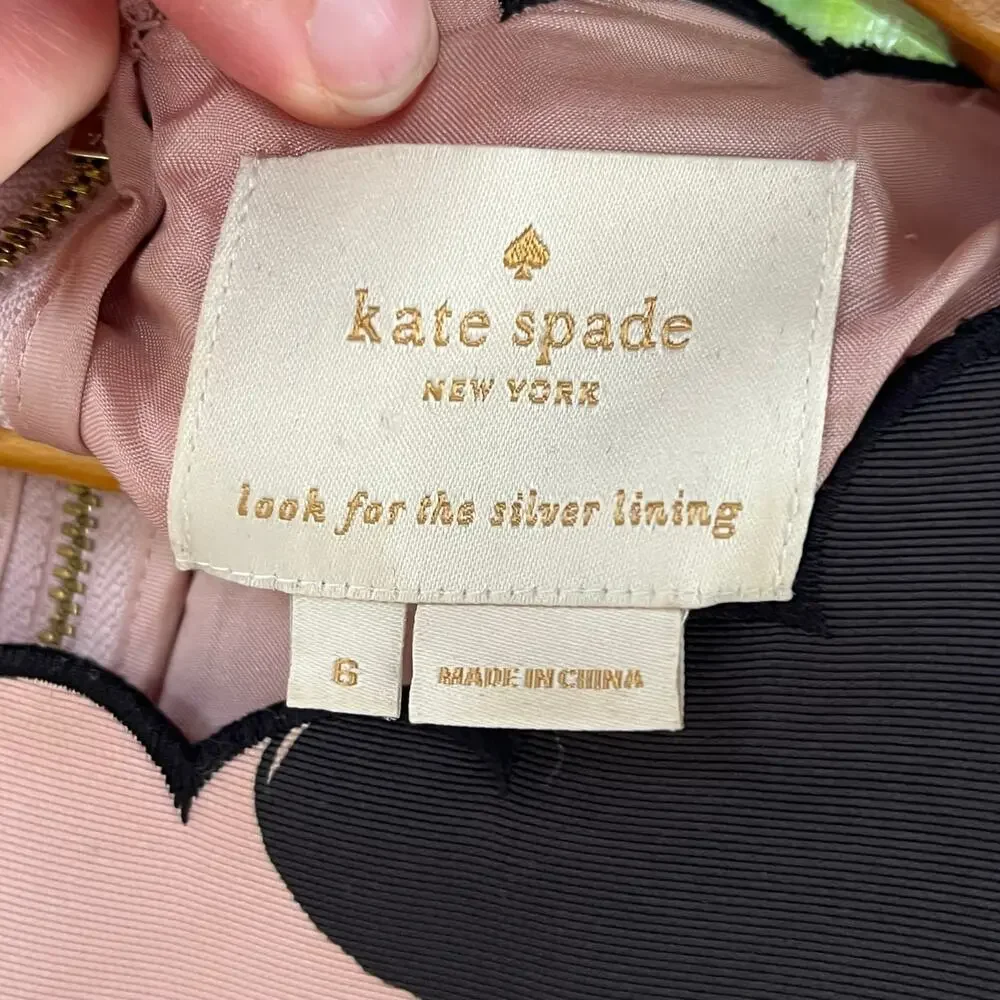 Kate Spade New York Women's Pink & Black Petal Stamp Fit & Flare Dress Size 6